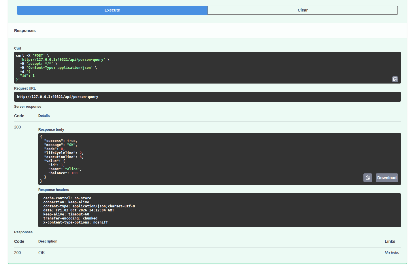 通过 Swagger UI 调用 person-query 并查看 SQL 查询结果