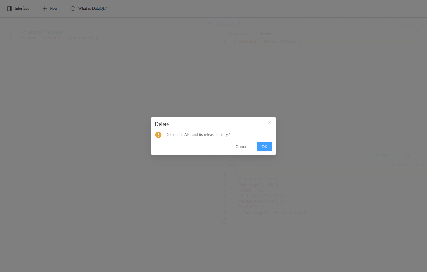 Delete an API: 1 points to Delete API; 2 points to the confirmation button in the dialog