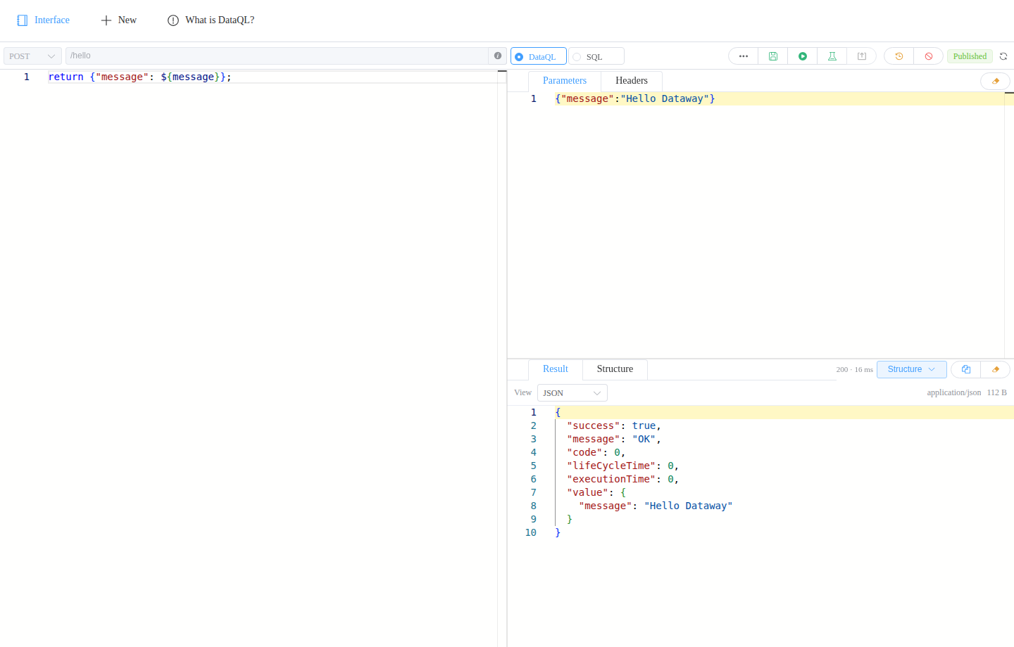 API editor: A points to the toolbar, B to the script, C to test parameters, and D to the result
