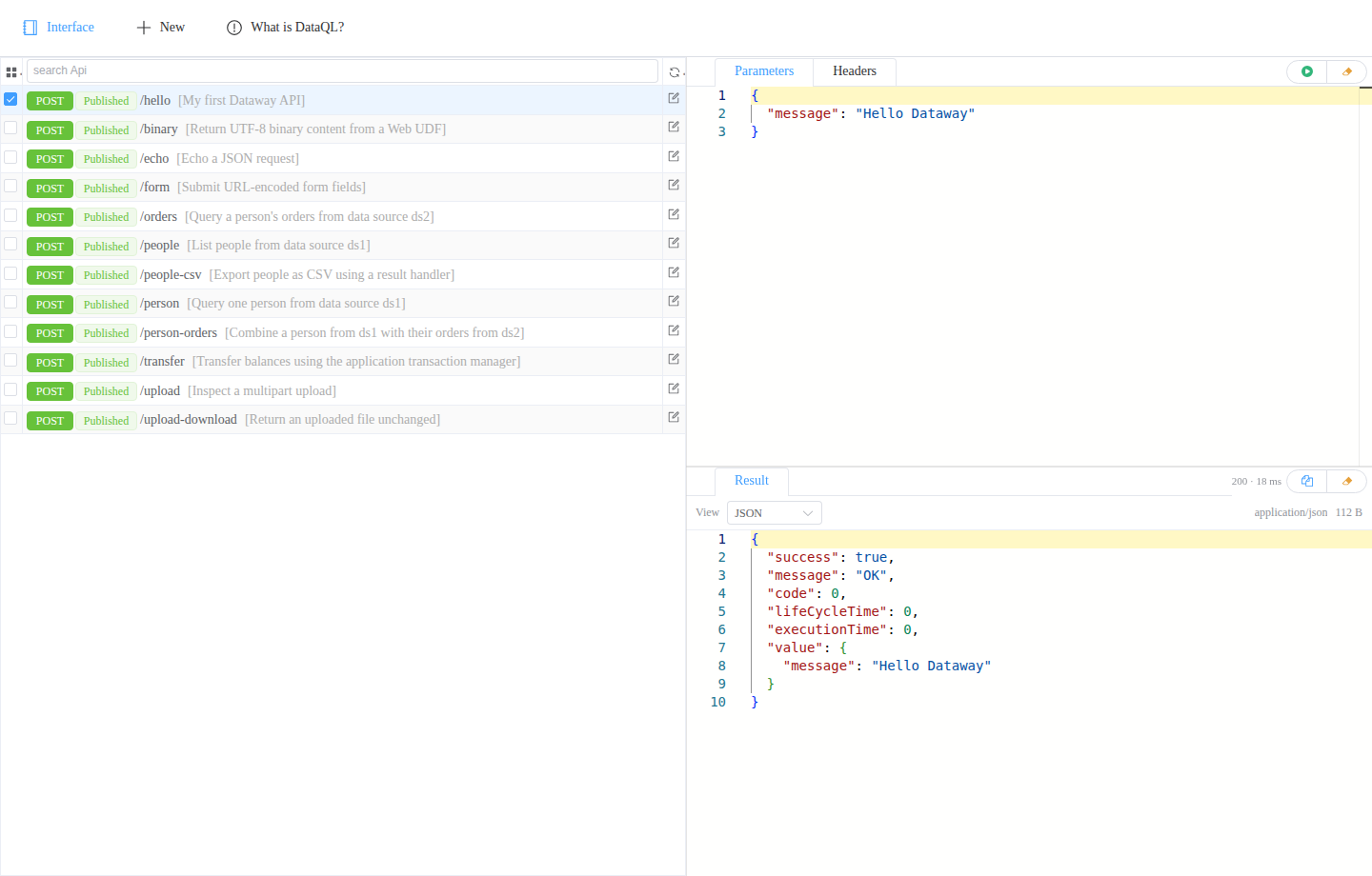 API list page: A points to the API list, B to request parameters, and C to response results