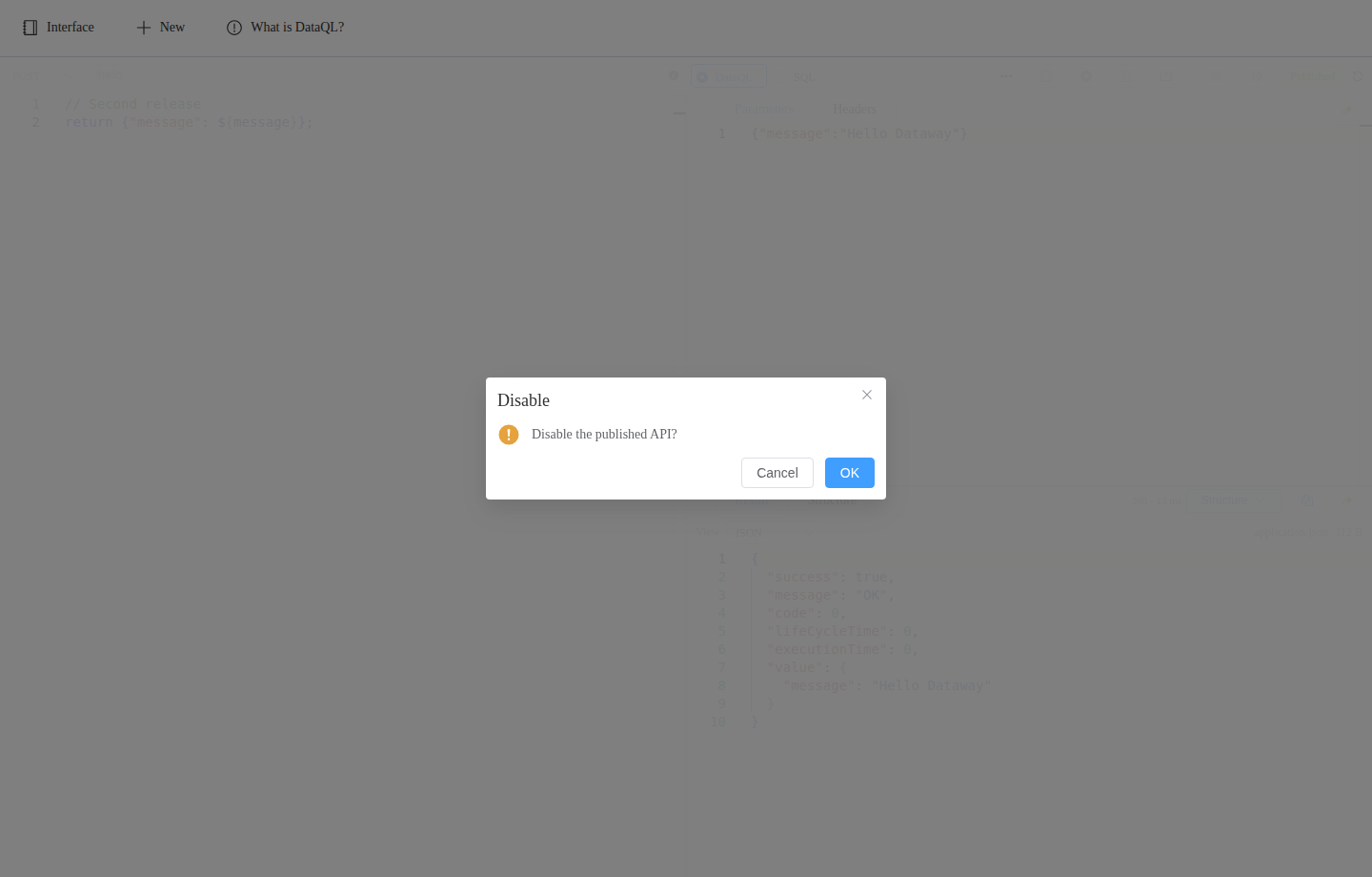 停用接口：1 指向 Disable API 按钮，2 指向停用确认框中的确认按钮